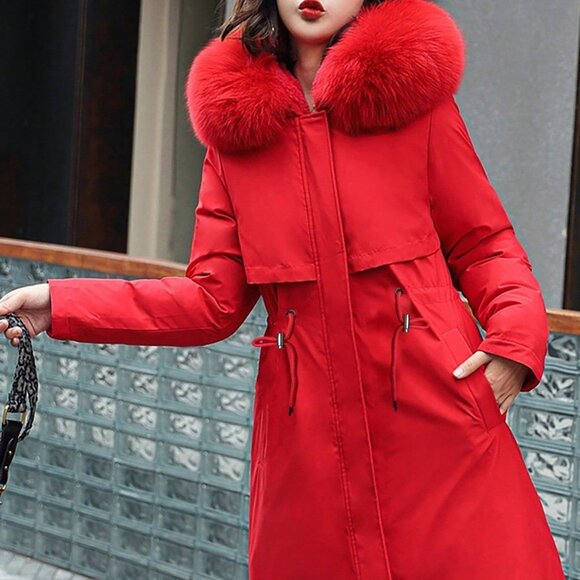 Red Casual Women's Mid-Length Slim Fit Down Jacket with Elastic Waist - Picture 1 of 4